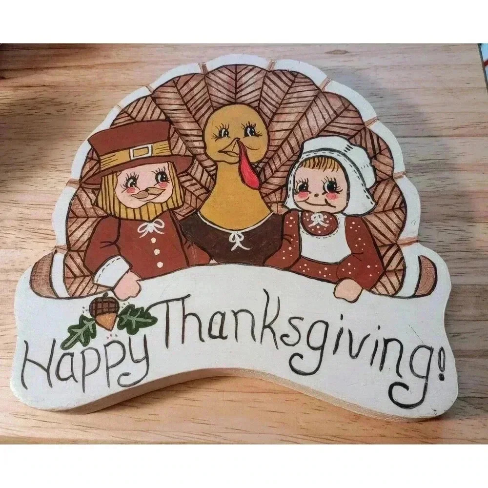 Happy Thanksgiving‎ Wooden Decor Kitchy Hand Painted 7"x6"